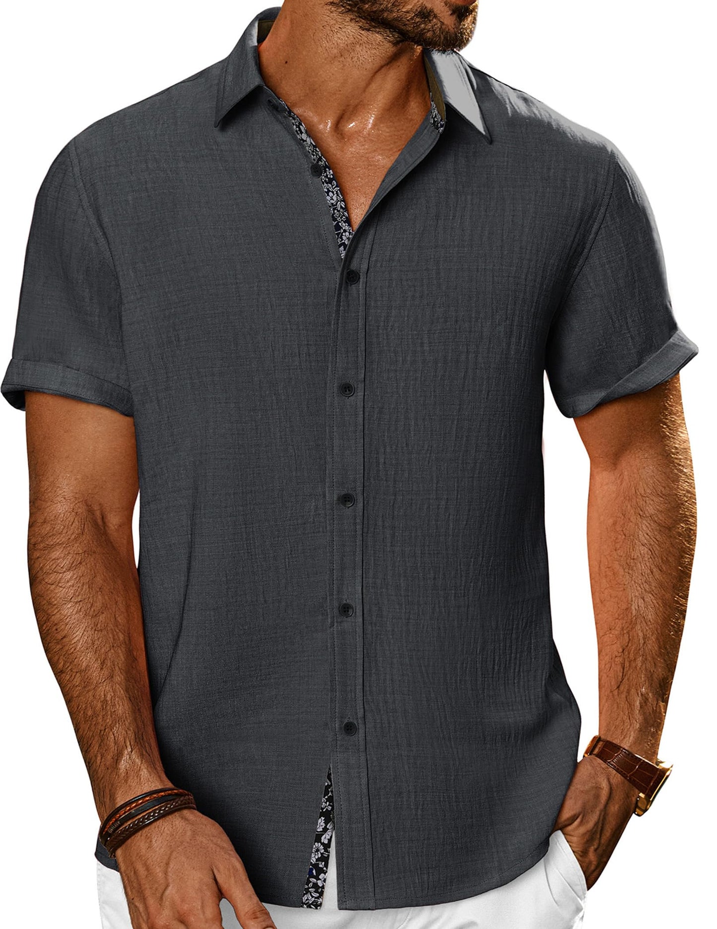 HOTPJ PAUL JONES Mens Short Sleeve Button Down Shirts Casual Summer Clothing | Linen Textured, Summer Beach Vacation Tops, Untucked Dress Shirt, Lightweight, Regular Fit, Fashion Resort Wear