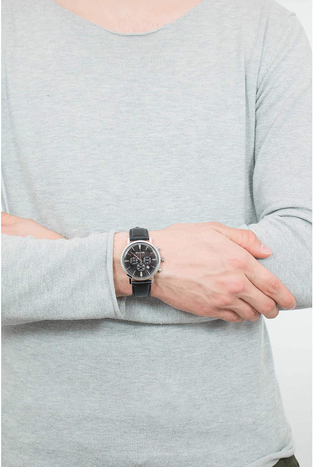 HOTBulova Men's Classic Aerojet Stainless Steel 6-Hand Chronograph Watch with Black Leather Strap, 41mm Style: 96B262