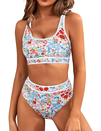 HOTBMJL Women's High Waisted Bikini Sets Sporty Two Piece Swimsuits Color Block Tummy Control Modest Bathing Suit