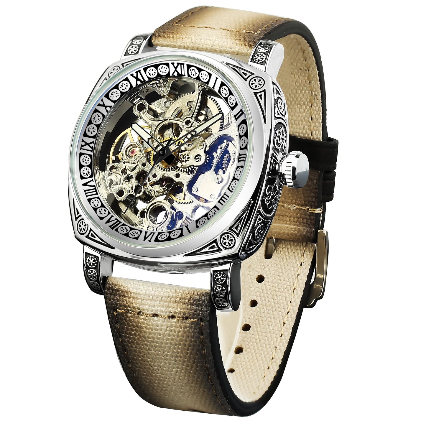 HOTFORSINING Watches for Man, Square Retro Mechanical Watch Self-Wind Carved, Skeleton Automatic Watches Vintage Leather Strap Wristwatch