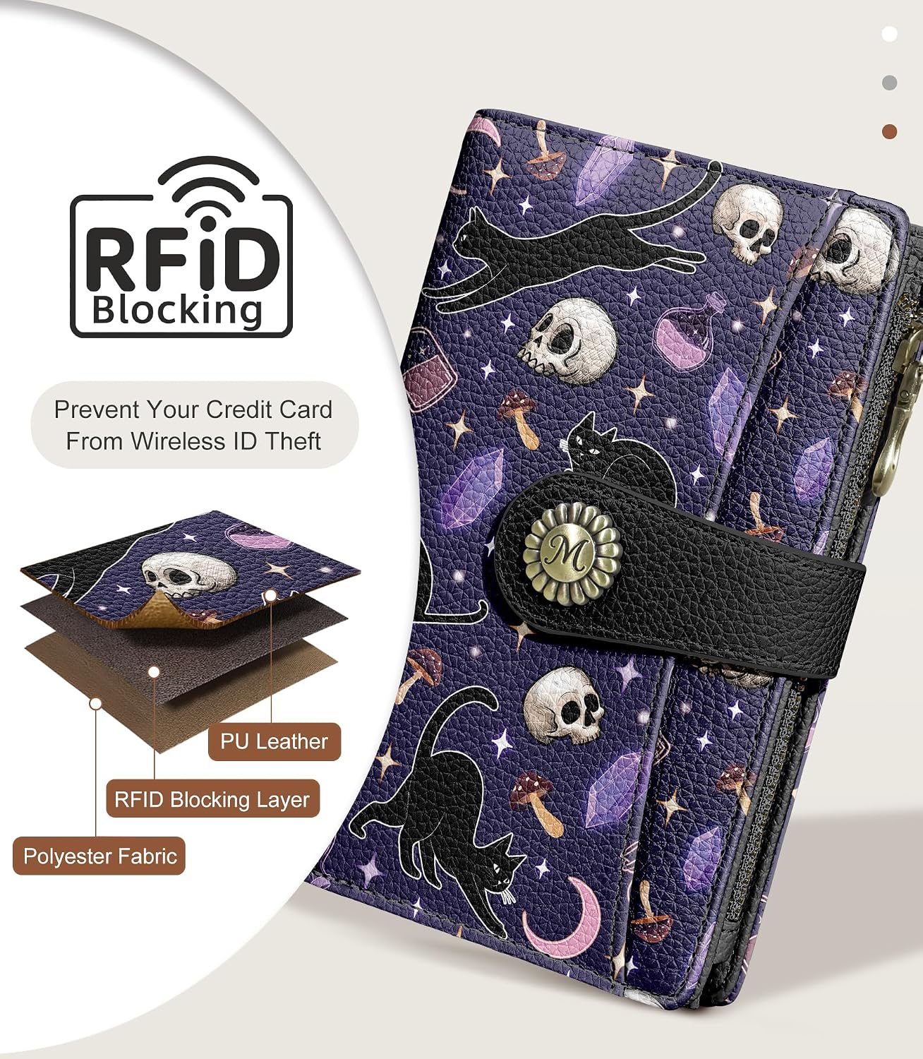 HOTGoth Black Cat Wallet Women RFID Skull Passport Credit Card Holder | Travel billfold, Zipper Coin Pocket, PU Leather, Clutch, Cash Purse, 1 ID Window, Ticket, Pen Holder, Gift for Ladies Girls