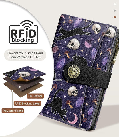 HOTGoth Black Cat Wallet Women RFID Skull Passport Credit Card Holder | Travel billfold, Zipper Coin Pocket, PU Leather, Clutch, Cash Purse, 1 ID Window, Ticket, Pen Holder, Gift for Ladies Girls