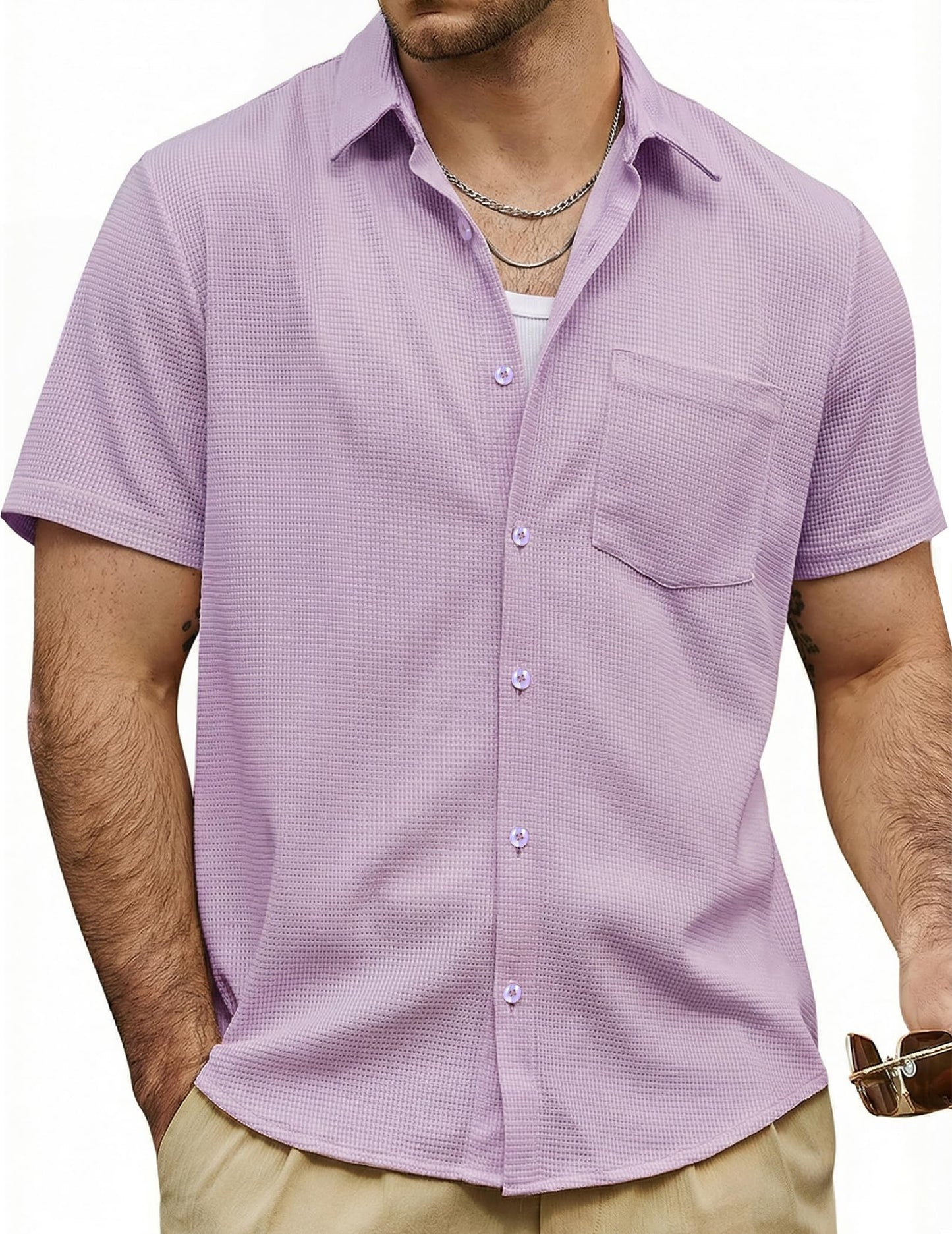 HOTVATPAVE Mens Casual Waffle Shirt Short Sleeve Button Down Summer Shirts | Beach, Untucked, Camp, Daily, Work, Family Photo, Old Money, Vacation, Collared, Wedding, Date, Cruise, Going Out, Pocket