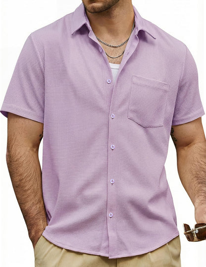 HOTVATPAVE Mens Casual Waffle Shirt Short Sleeve Button Down Summer Shirts | Beach, Untucked, Camp, Daily, Work, Family Photo, Old Money, Vacation, Collared, Wedding, Date, Cruise, Going Out, Pocket