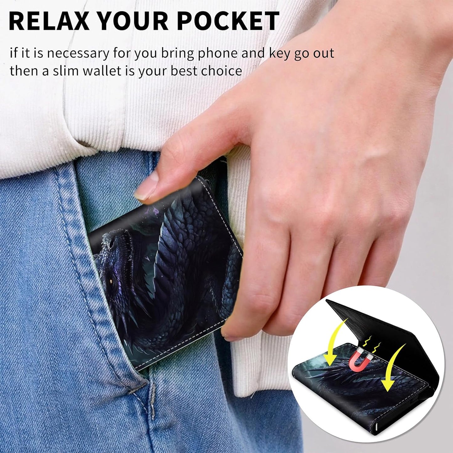 HOTAluminum Auto Pop Up Wallet Case Credit Card Holder For Women Men Girl, Leather Card Case Front Pocket Trifold Wallet with RFID Blocking Banknote Slot Slim Wallet Women, The Four-Horned Dragon