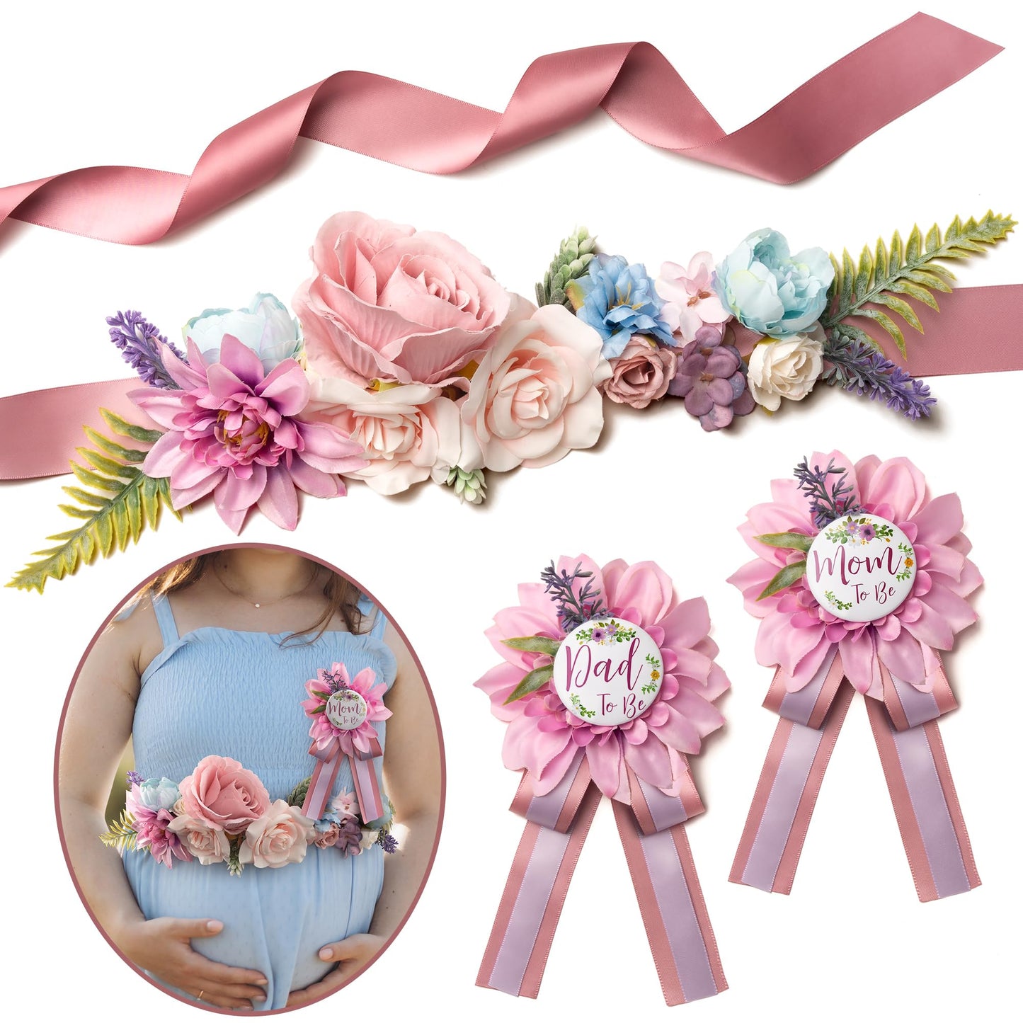 HOTBaby Shower Sash Decorations Mom to Be Corsage Gift Dad to Be Pin 3Pack Set Flower Belt for Maternity Dress - Gender Reveal Pregnancy Photo Props