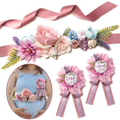 HOTBaby Shower Sash Decorations Mom to Be Corsage Gift Dad to Be Pin 3Pack Set Flower Belt for Maternity Dress - Gender Reveal Pregnancy Photo Props