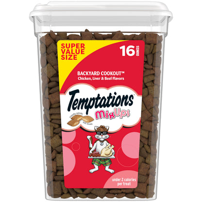 HOTTemptations MixUps Crunchy and Soft Cat Treats, Cookout Flavor, 30 oz | Chicken, liver & beef flavors, under 2 calories per treat, 100% complete & balanced for adult cats, resealable stay-fresh tub