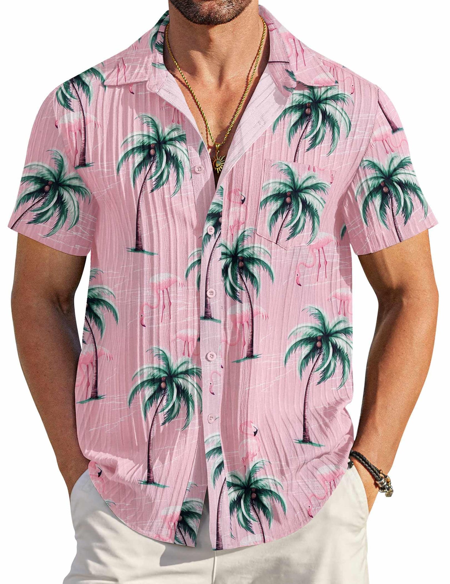 HOTCOOFANDY Men's Casual Button Down Shirts Short Sleeve Textured Summer Beach Shirt with Pocket