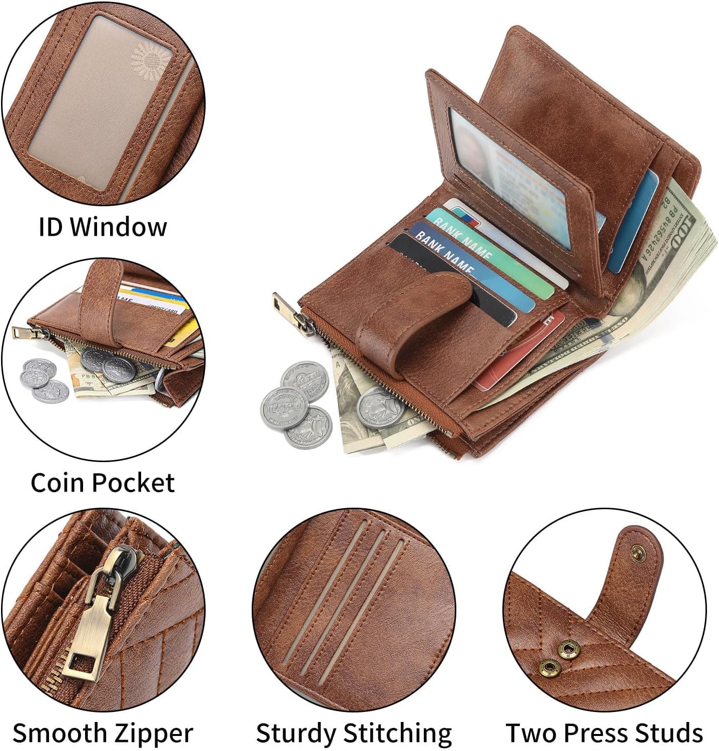 HOTGAEKEAO Small Wallets for Women Vegan Leather RFID Blocking Bifold Zipper Pocket Wallet Card Case Purse with ID Window