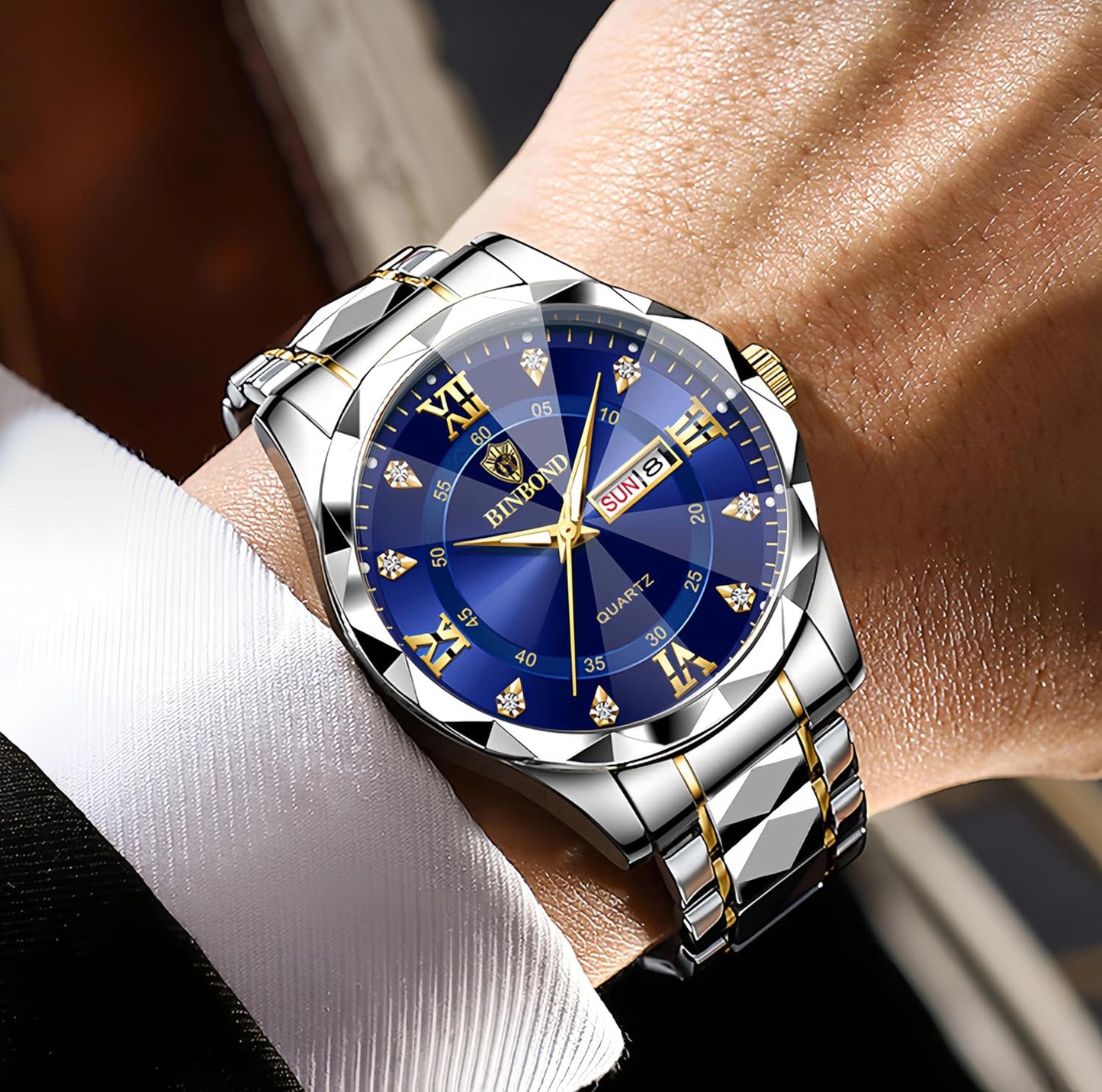 HOTGosasa Luxury Men's and Women's Business Diamond Stainless Steel Waterproof Roman Numeral Analog Quartz Watch with Day-Date Calendar, Gold and Silver Tone