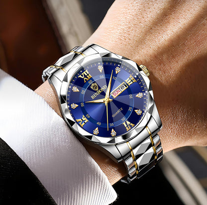 HOTGosasa Luxury Men's and Women's Business Diamond Stainless Steel Waterproof Roman Numeral Analog Quartz Watch with Day-Date Calendar, Gold and Silver Tone