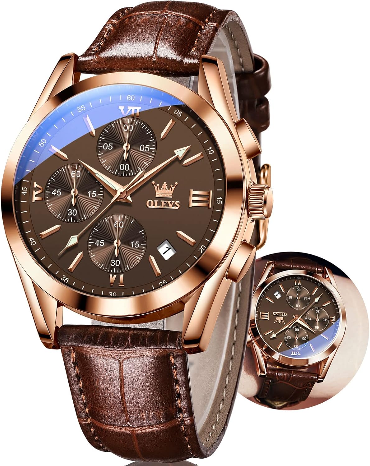 HOTOLEVS Men's Watches Brown Leather with Date,Casual Watches for Men,Large Face Watches Men,Chronograph Mens Watch,Sport Waterproof Business Dress Analog Quartz Men's Wrist Watches Reloj De Hombre