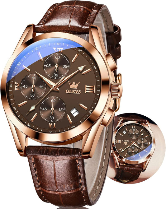 HOTOLEVS Men's Watches Brown Leather with Date,Casual Watches for Men,Large Face Watches Men,Chronograph Mens Watch,Sport Waterproof Business Dress Analog Quartz Men's Wrist Watches Reloj De Hombre