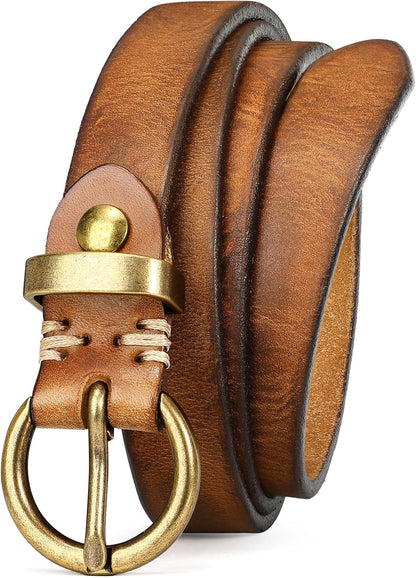 HOTSANSTHS Womens Genuine Leather Belts for Jeans Pants Trendy Vintage Thin Leather Belt Gold Buckle Ladies Skinny Waist Belt