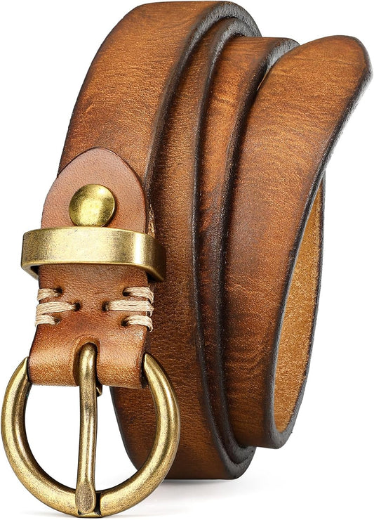 HOTSANSTHS Womens Genuine Leather Belts for Jeans Pants Trendy Vintage Thin Leather Belt Gold Buckle Ladies Skinny Waist Belt