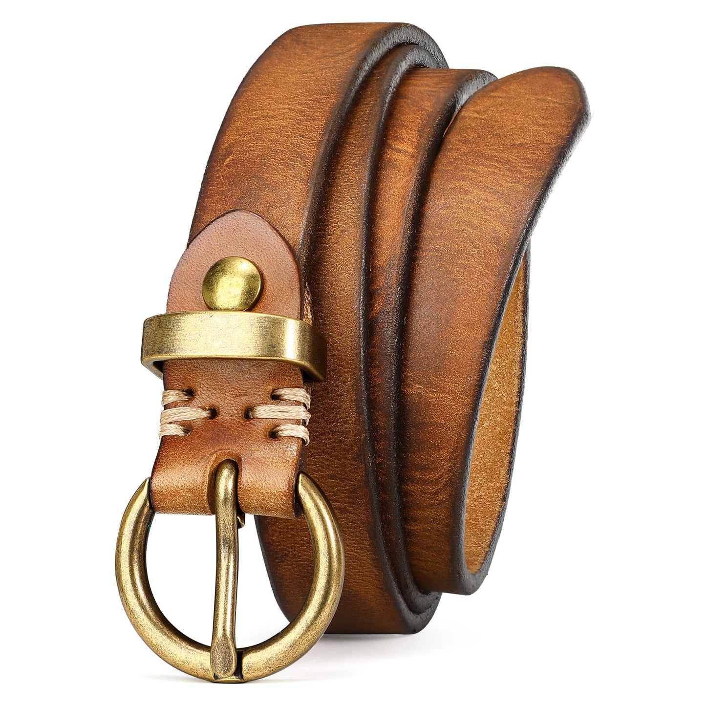 HOTSANSTHS Womens Genuine Leather Belts for Jeans Pants Trendy Vintage Thin Leather Belt Gold Buckle Ladies Skinny Waist Belt