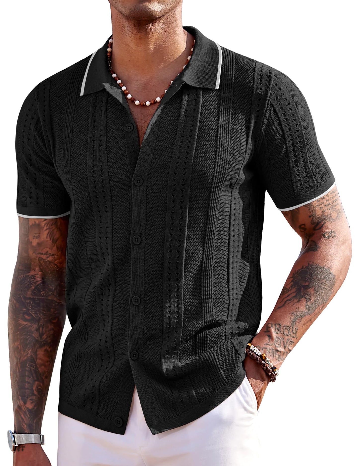 HOTCOOFANDY Men's Knit Shirts Short Sleeve Button Down Polo Shirt Fashion Casual Summer Beach Shirts