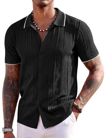 HOTCOOFANDY Men's Knit Shirts Short Sleeve Button Down Polo Shirt Fashion Casual Summer Beach Shirts