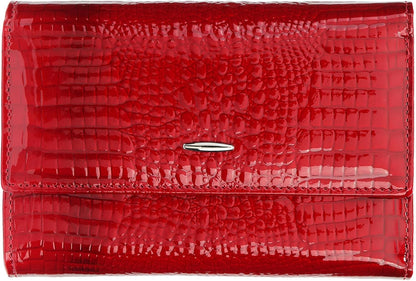 HOTWomen's Wallet Oil-waxed Genuine Leather, Crocodile Embossed Compact Bi-fold Wallet for Women with Magnetic Closure, Multi Card Slots, ID Window, Zipper Pockets (Red)
