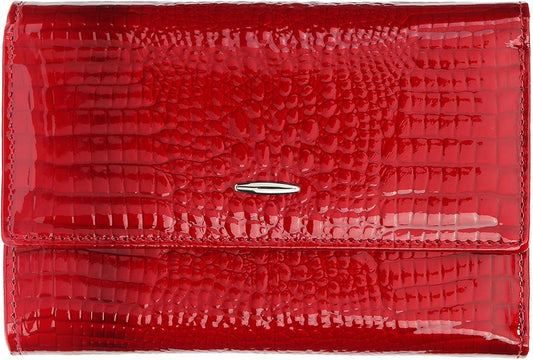HOTWomen's Wallet Oil-waxed Genuine Leather, Crocodile Embossed Compact Bi-fold Wallet for Women with Magnetic Closure, Multi Card Slots, ID Window, Zipper Pockets (Red)
