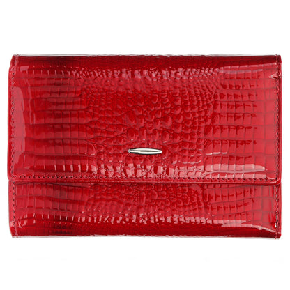 HOTWomen's Wallet Oil-waxed Genuine Leather, Crocodile Embossed Compact Bi-fold Wallet for Women with Magnetic Closure, Multi Card Slots, ID Window, Zipper Pockets (Red)