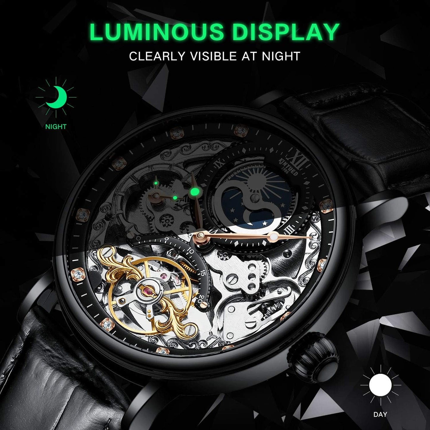 HOTIK COLOURING Bestn Mens Luxury Skeleton Automatic Mechanical Wrist Watches Leather Moon Phrase Luminous Hands Self-Wind Watch