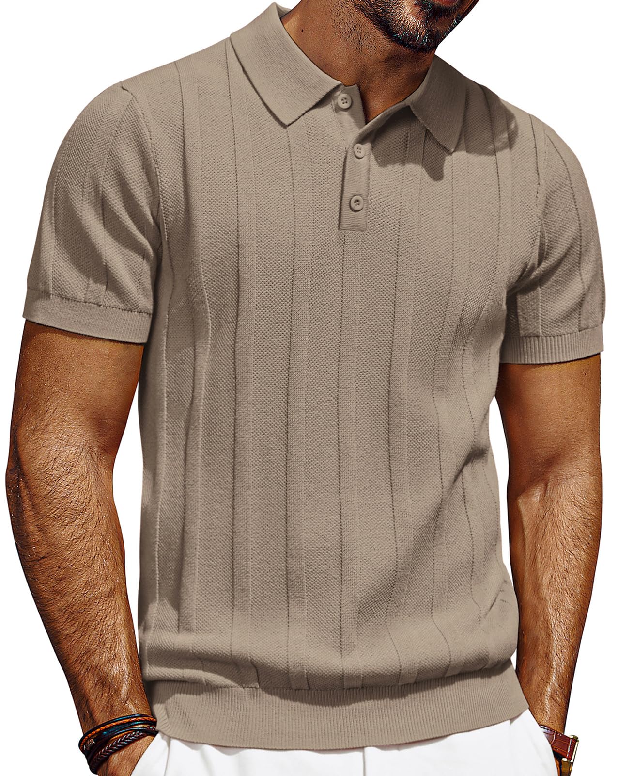 HOTPJ PAUL JONES Mens Polo Shirts Short Sleeve Textured Knit Polo Shirt Ribbed Casual Golf Shirts
