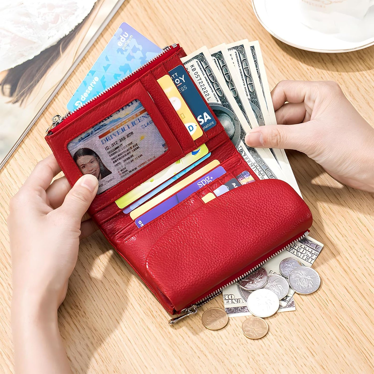 HOTGenuine Leather Wallet for Women, Slim RFID Clutch with Coin Pocket, Soft Pebble Short Card Holder ID Case 5.3in (Red)