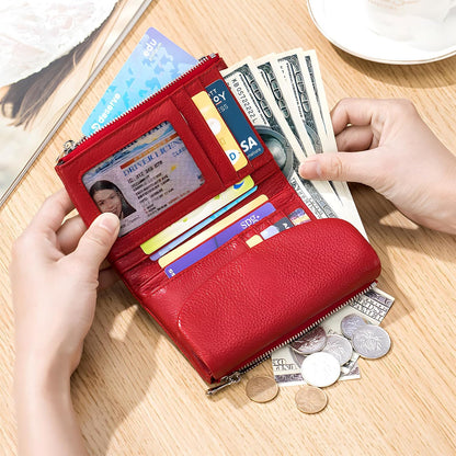 HOTGenuine Leather Wallet for Women, Slim RFID Clutch with Coin Pocket, Soft Pebble Short Card Holder ID Case 5.3in (Red)