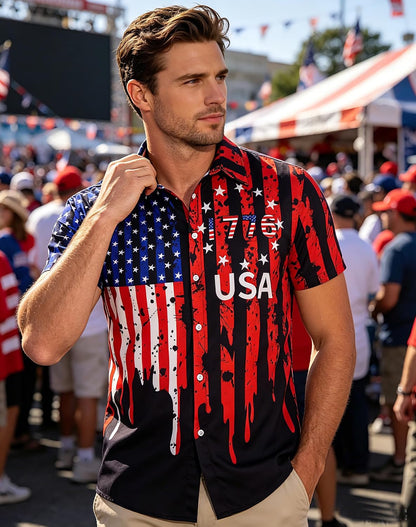 HOTuideazone Mens 4th of July American Flag Patriotic Shirt M-XXL | USA Short Sleeve Button Up Shirt for Independence Day, Memorial Days, Flag Day, 4th of July Parties, Beach Trips and Daily