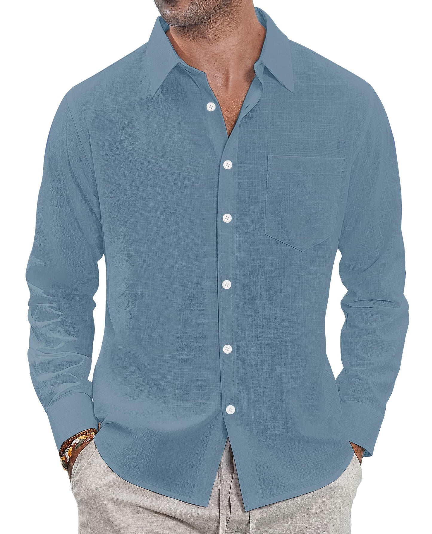 HOTJ.VER Men's Linen Shirts Casual Button Down Long Sleeve Shirt Solid Spread Collar Summer Beach Shirts with Pocket