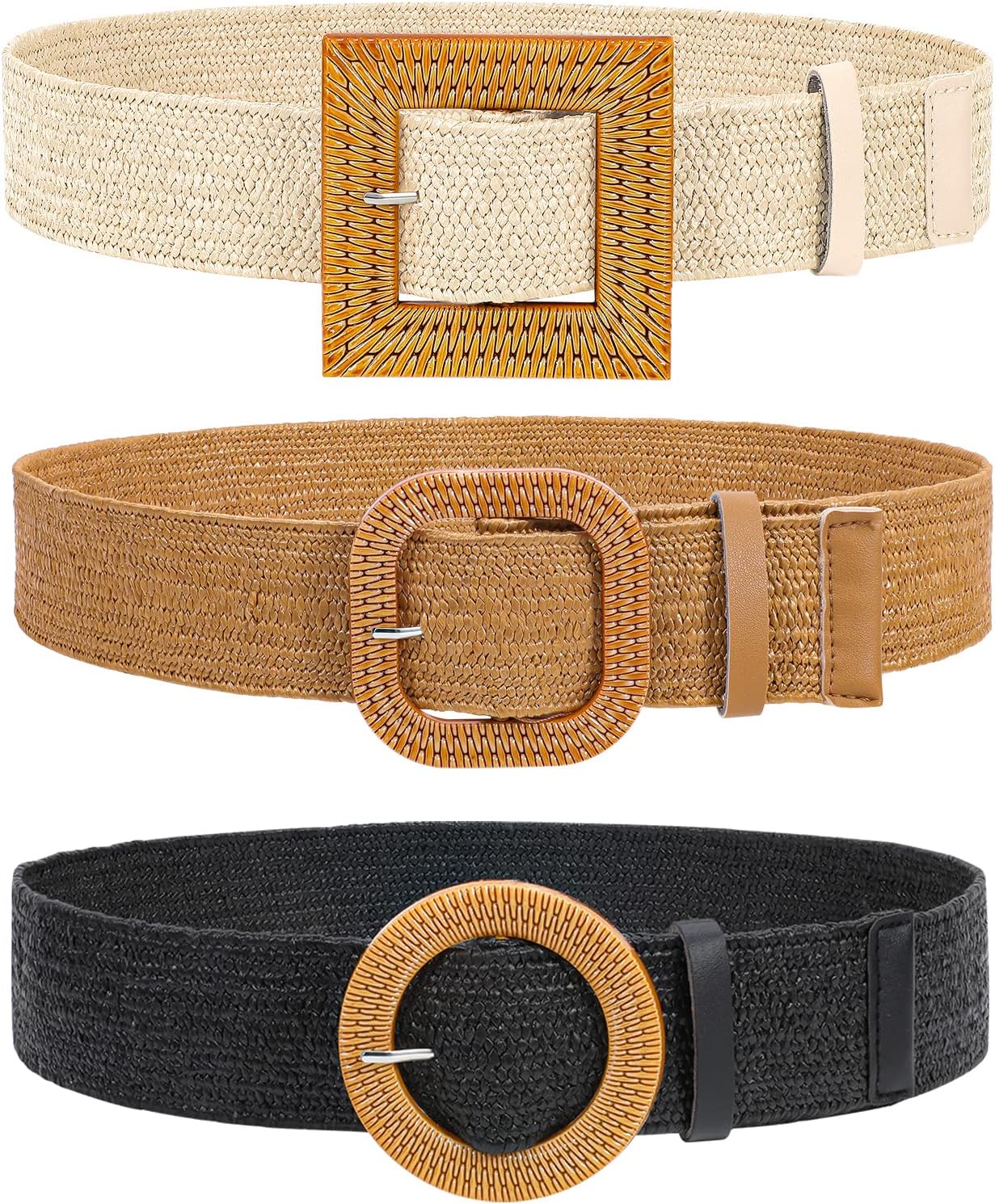 HOTVONMELLI 4 Pack Straw Woven Elastic Stretch Waist Belt for Women Fashion Dress, Boho Braided Women's Belts