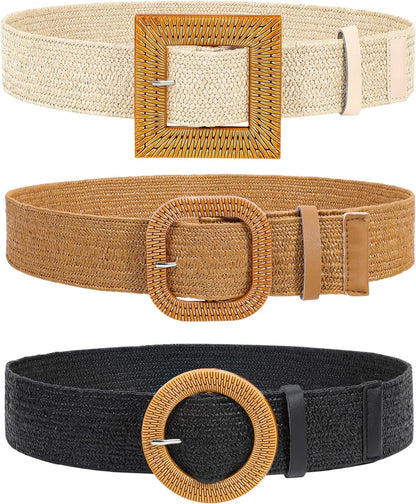 HOTVONMELLI 4 Pack Straw Woven Elastic Stretch Waist Belt for Women Fashion Dress, Boho Braided Women's Belts