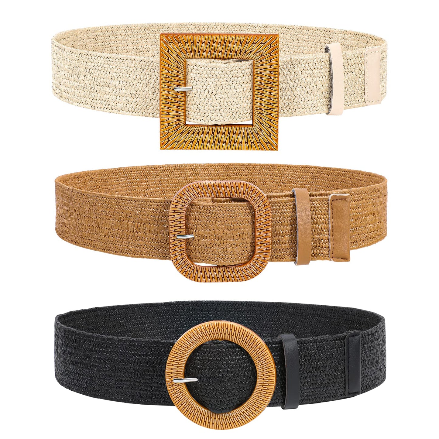 HOTVONMELLI 4 Pack Straw Woven Elastic Stretch Waist Belt for Women Fashion Dress, Boho Braided Women's Belts