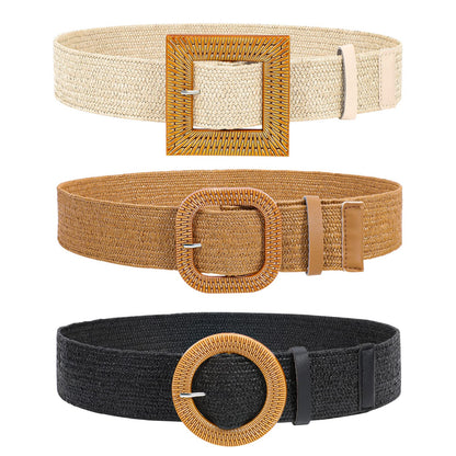 HOTVONMELLI 4 Pack Straw Woven Elastic Stretch Waist Belt for Women Fashion Dress, Boho Braided Women's Belts