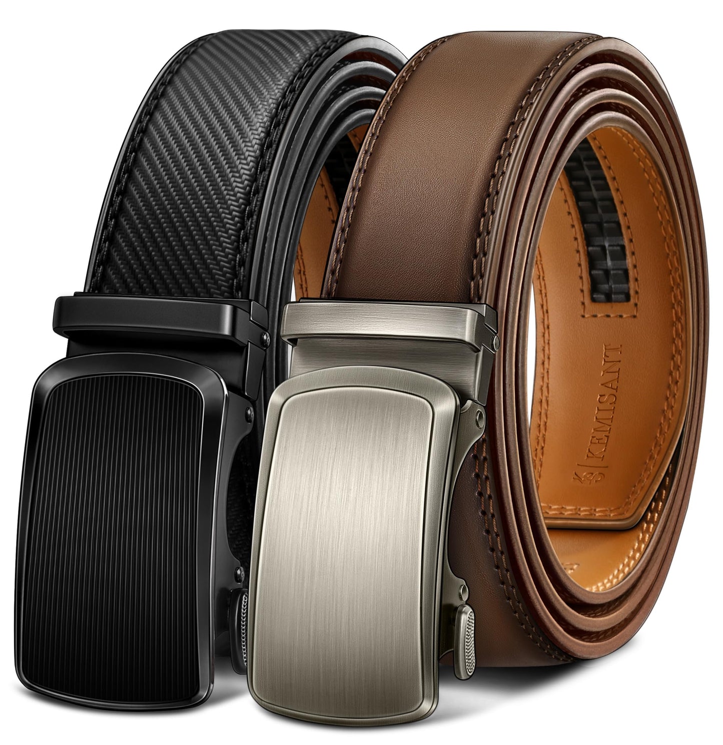 HOTKEMISANT Men's Ratchet Leather Belt 2Pack-Trimmable 1 3/8“-Gift Boxed | Smooth Sliding | Micro Adjustable Fit | Tailored Size | Holeless Understated Elegance