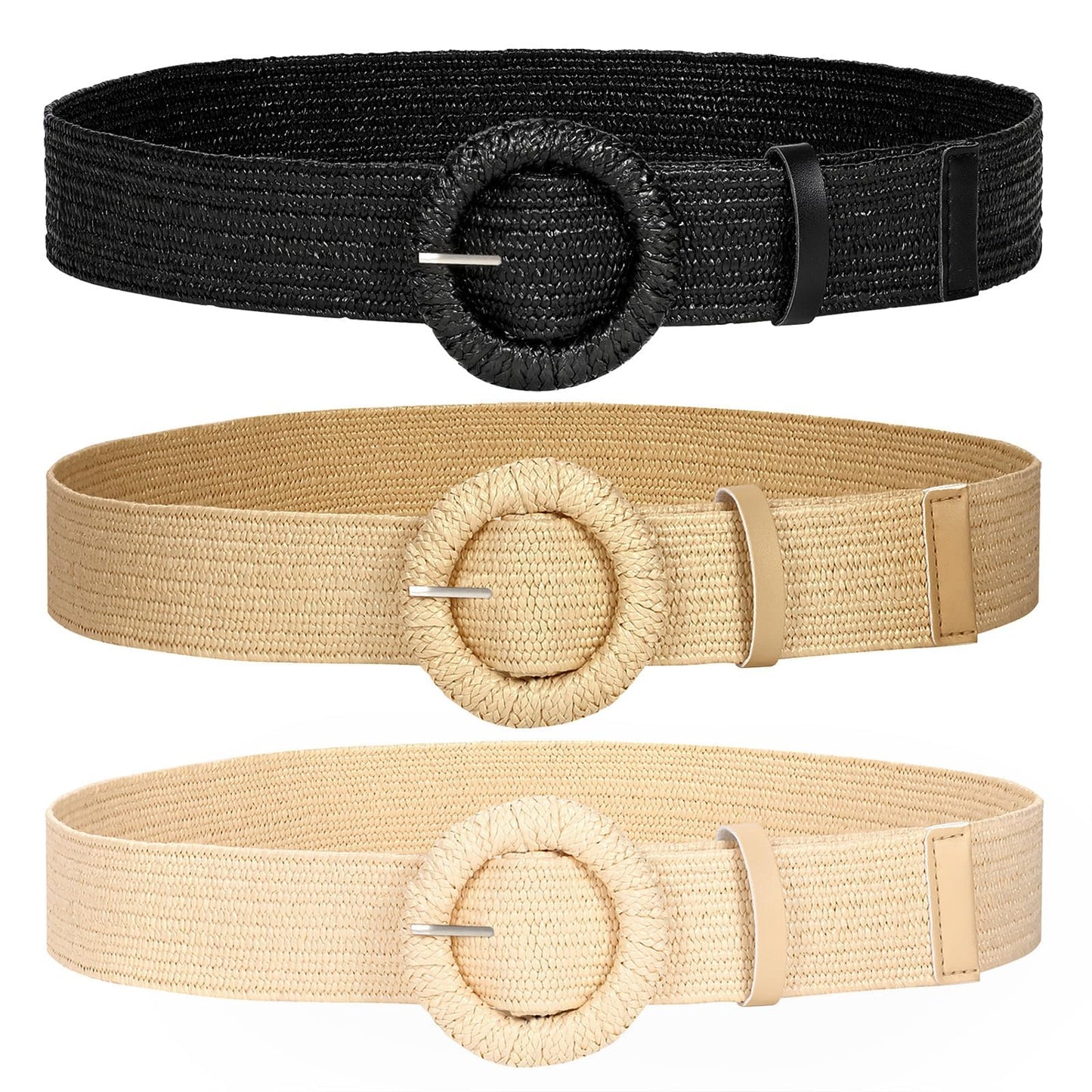 HOTWHIPPY 3 Packs Women Straw Woven Elastic Stretch Waist Belts Fashion Boho Braided Skinny Ladies Dress Belt