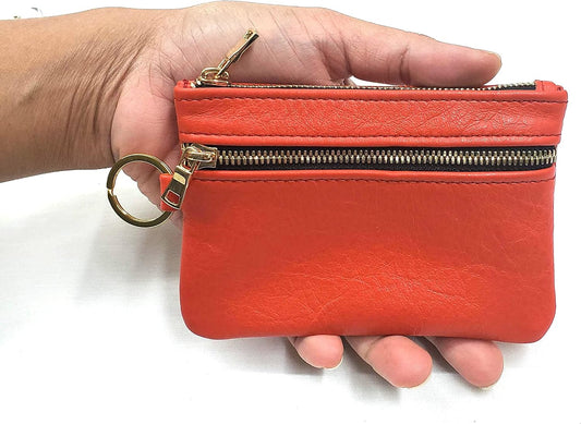 HOTLeather Pouch, Double Zippered Pouch, Cash and Card Keychain Pouch, 100% Genuine Leather Made in USA Handmade Products