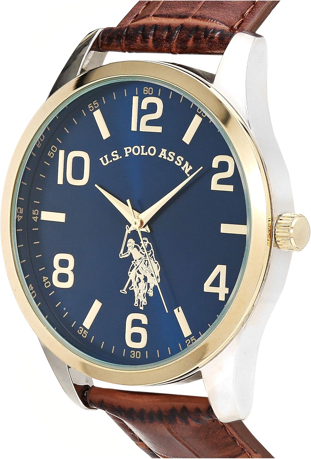 HOTU.S. Polo Assn. Men's Analog Dress Watch with Blue Sunray Dial Gold-Tone Bezel and Brown Faux Leather Strap – Classic Quartz Timepiece Includes Box Fits Wrists 5.5"-8"