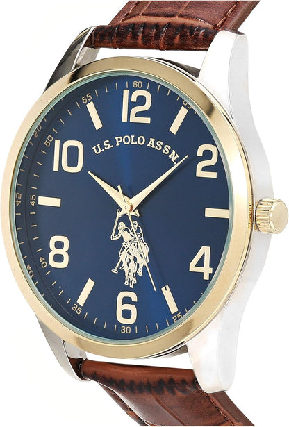 HOTU.S. Polo Assn. Men's Analog Dress Watch with Blue Sunray Dial Gold-Tone Bezel and Brown Faux Leather Strap – Classic Quartz Timepiece Includes Box Fits Wrists 5.5"-8"