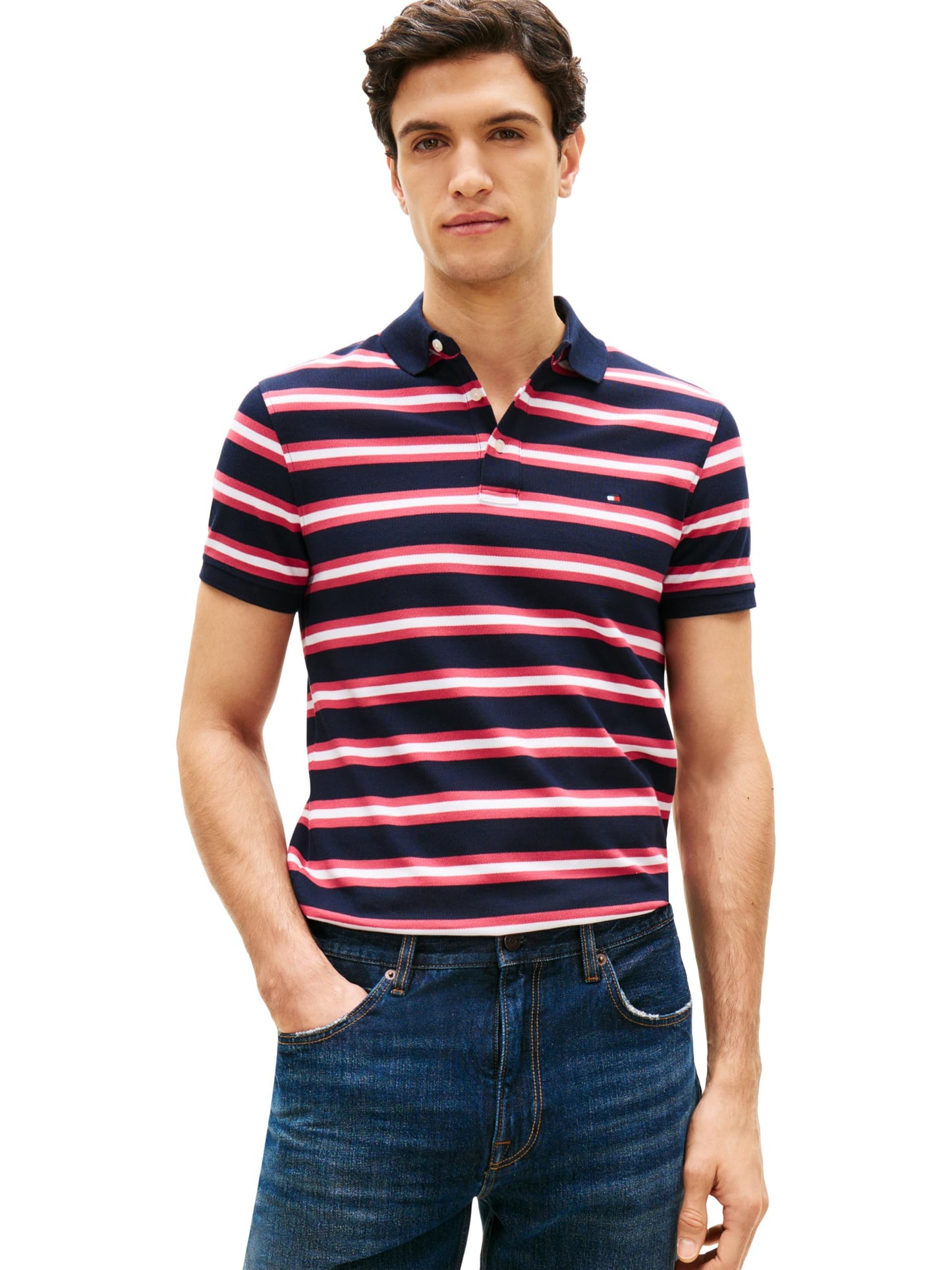 HOTTommy Hilfiger Men's Short Sleeve Polo Shirts in Slim Fit with Stretch and Organic Pique Cotton