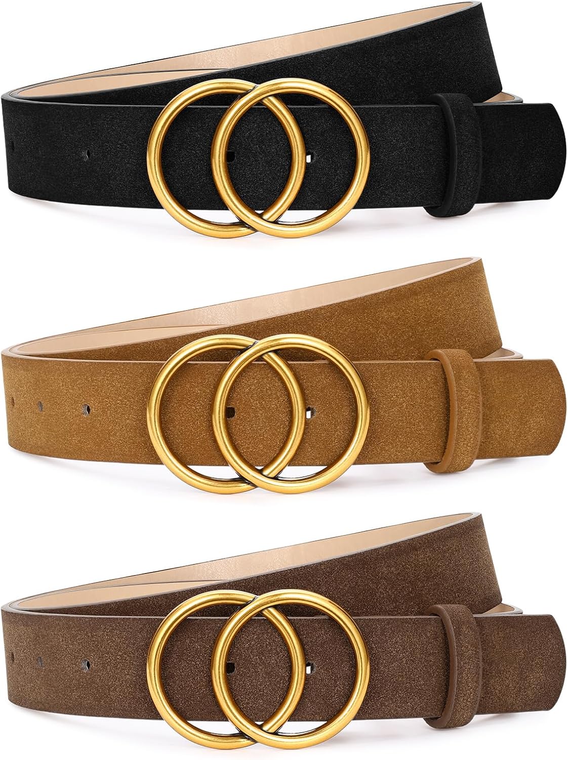 HOTSANSTHS 3 Pack Women Waist Belts for Jeans Pants Dresses, Ladies Belt with Double O-Ring Gold Buckle
