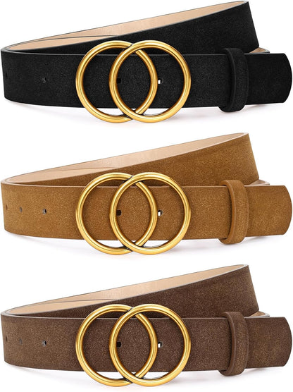 HOTSANSTHS 3 Pack Women Waist Belts for Jeans Pants Dresses, Ladies Belt with Double O-Ring Gold Buckle