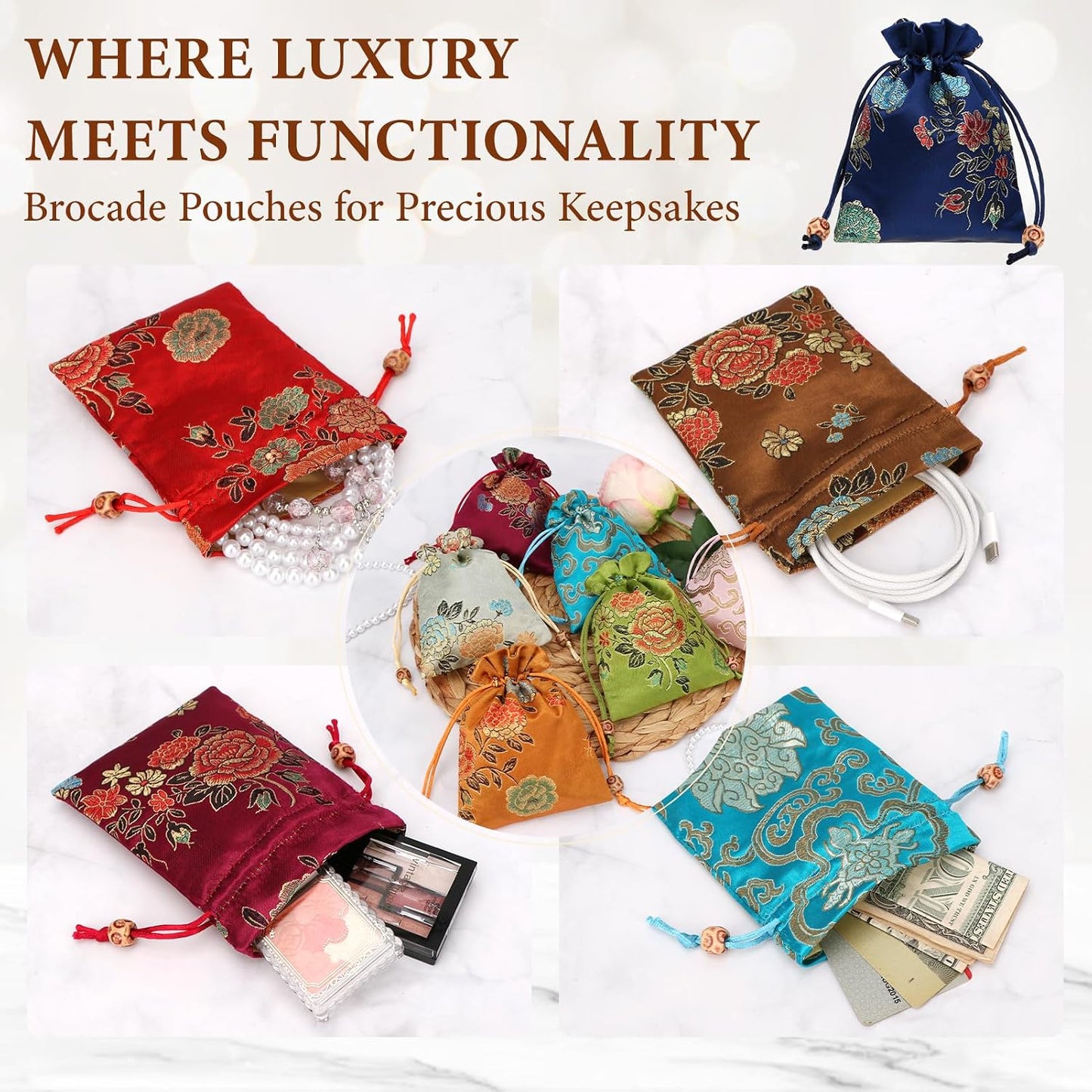 HOTkilofly 14 pc Silk Brocade Jewelry Bag Double Layer Drawstring Coin Gift Pouch
