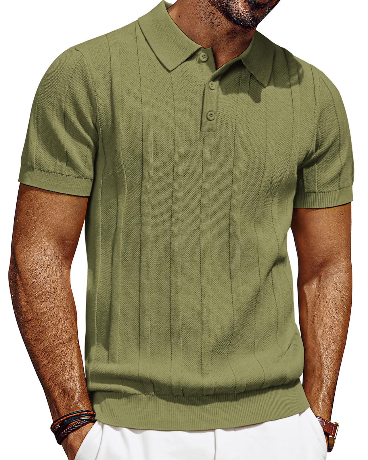 HOTPJ PAUL JONES Mens Polo Shirts Short Sleeve Textured Knit Polo Shirt Ribbed Casual Golf Shirts