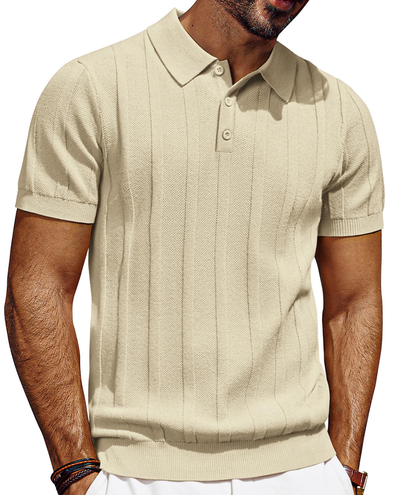 HOTPJ PAUL JONES Mens Polo Shirts Short Sleeve Textured Knit Polo Shirt Ribbed Casual Golf Shirts