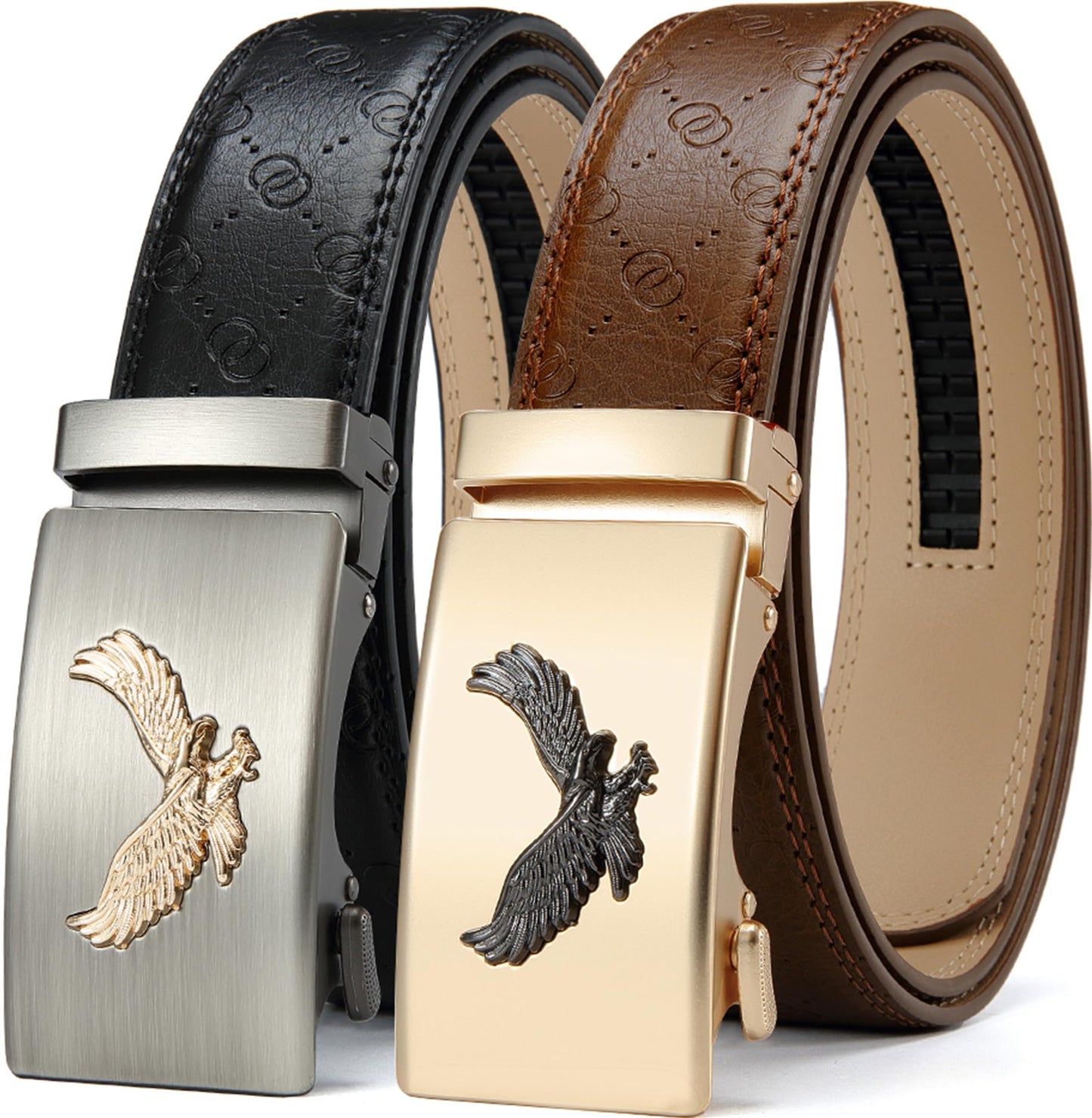 HOTDOOPAI Men's Leather Ratchet Belts 2 Pack Adjustable Click Belt Set for Dress & Casual, Custom Fit 1 3/8" (35mm) -Trim to Fit