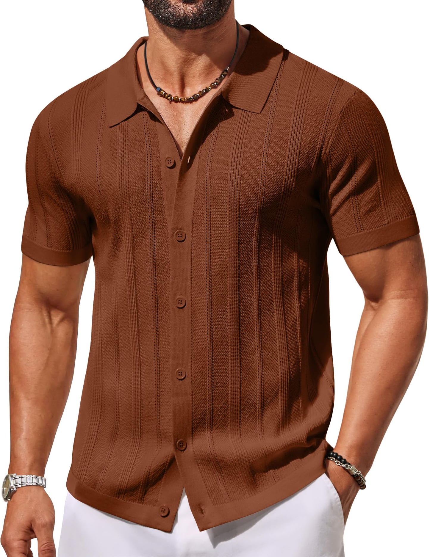 HOTCOOFANDY Men's Knit Button Down Shirts Short Sleeve Polo Shirt Casual Vacation Summer Beach Shirts