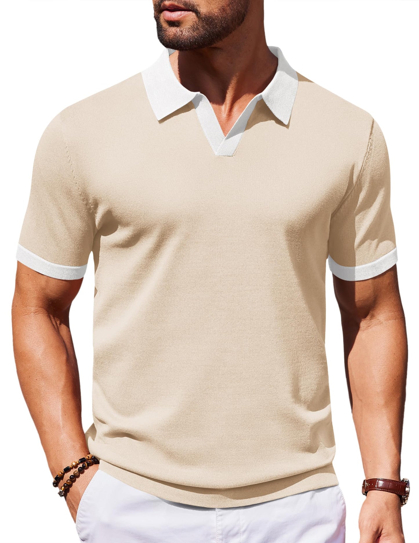 HOTCOOFANDY Men's V Neck Short Sleeve Stretch Knit Polo Shirt